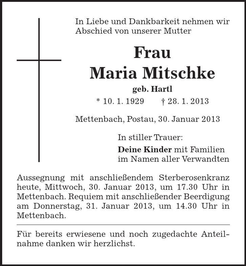 Traueranzeige Maria Mitschke