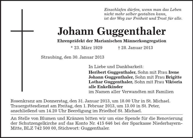 Traueranzeige Johann Guggenthaler