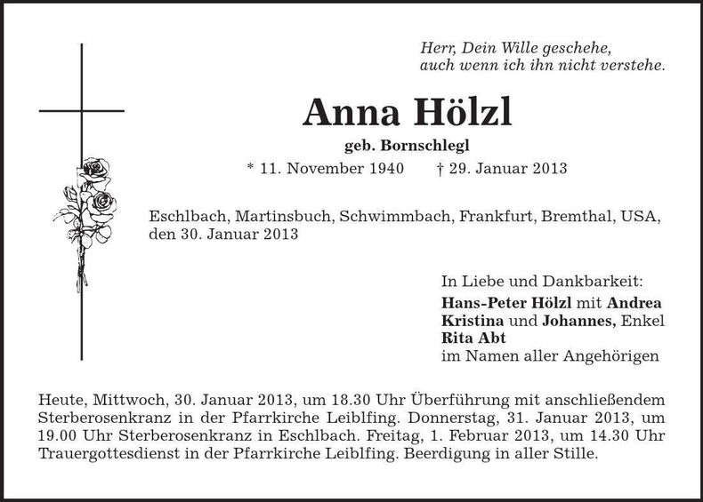 Traueranzeige Anna Hölzl