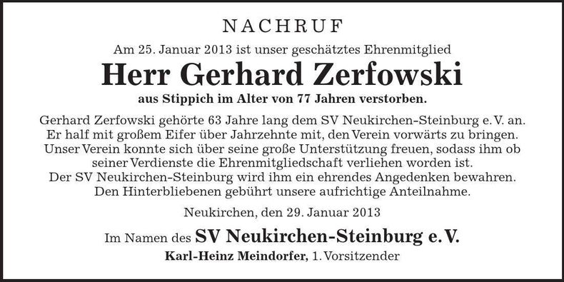 Traueranzeige Gerhard Zerfowski