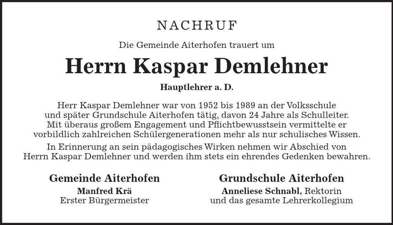 Traueranzeige Kaspar Demlehner