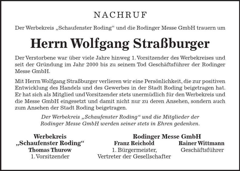 Traueranzeige Wolfgang Straßburger