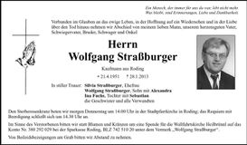 Traueranzeige Wolfgang Straßburger