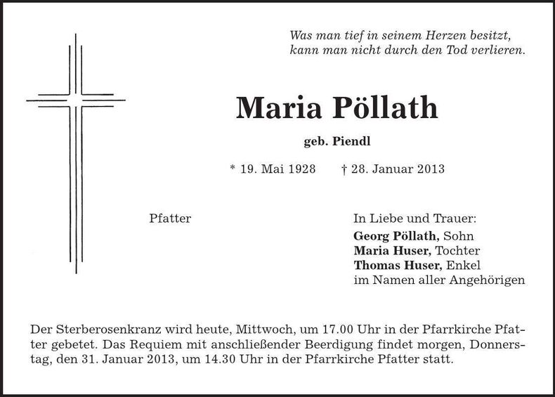 Traueranzeige Maria Pöllath