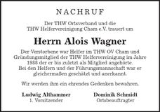 Traueranzeige Alois Wagner