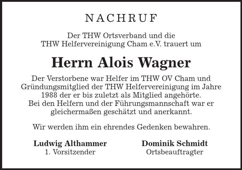 Traueranzeige Alois Wagner