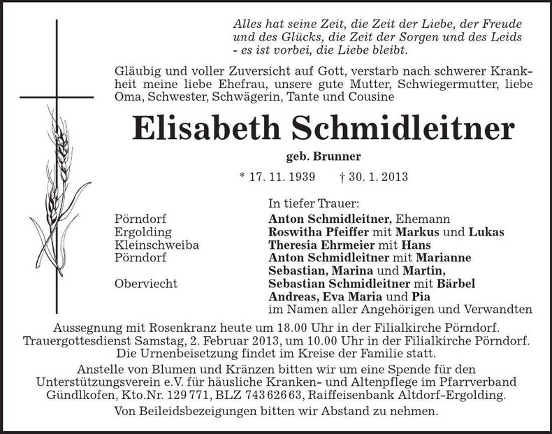 Traueranzeige Elisabeth Schmidleitner