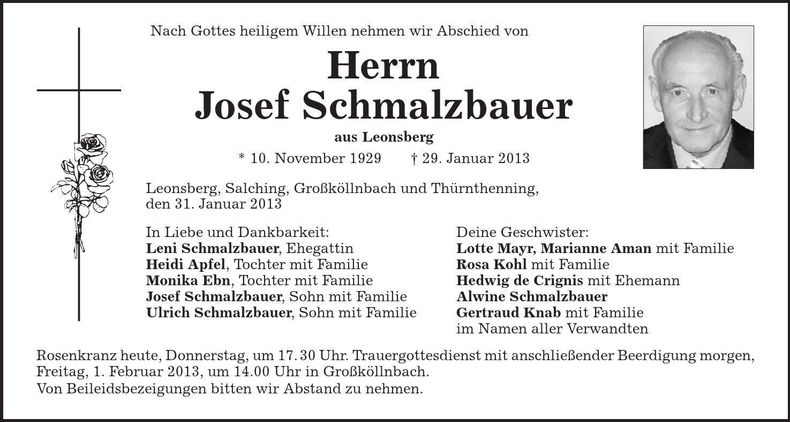 Traueranzeige Josef Schmalzbauer