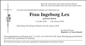 Traueranzeige Ingeborg Lex