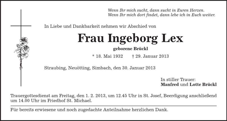 Traueranzeige Ingeborg Lex