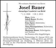 Traueranzeige Josef Bauer