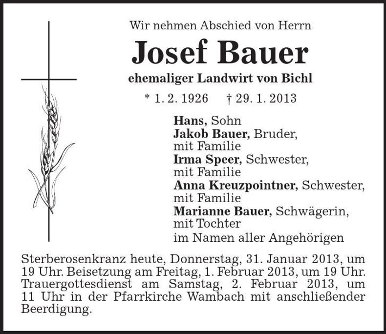 Traueranzeige Josef Bauer