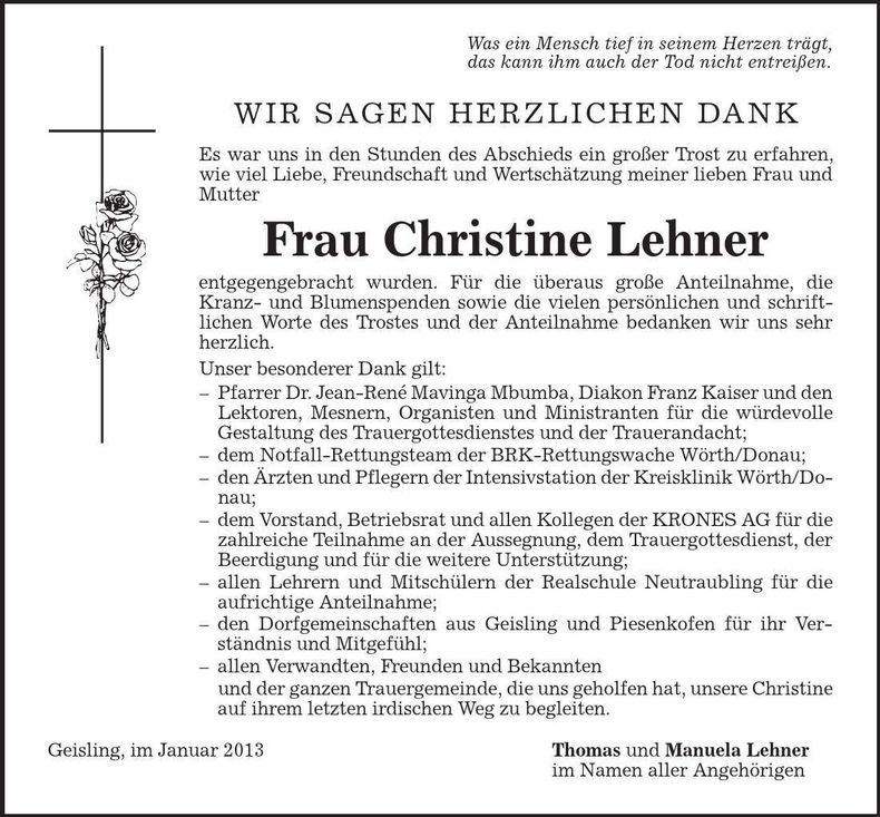 Traueranzeige Christine Lehner