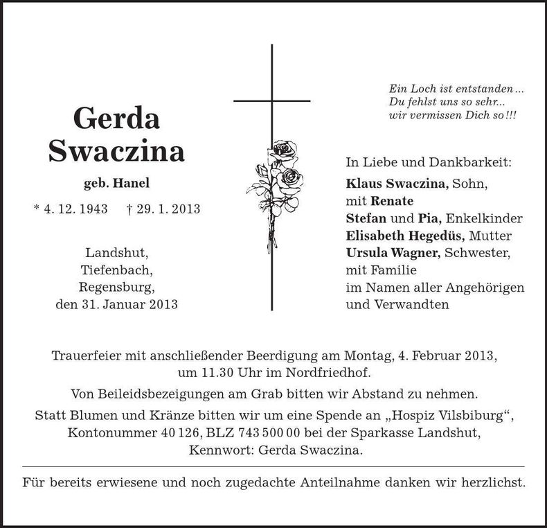 Traueranzeige Gerda Swaczina