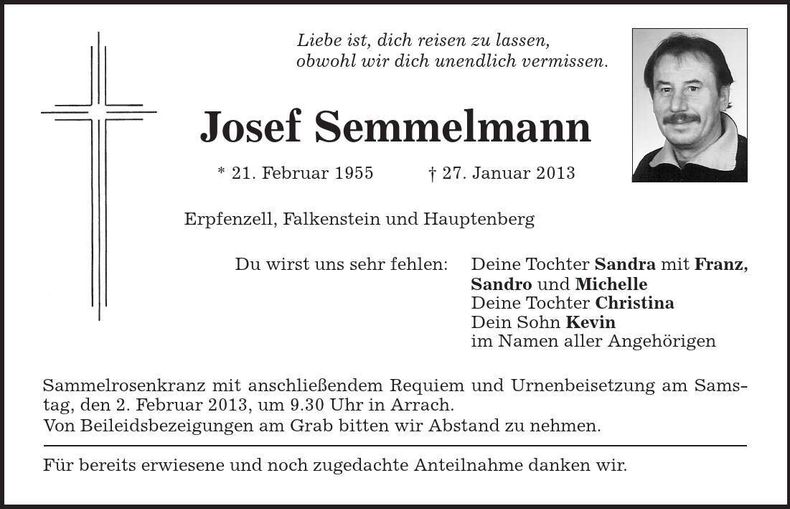 Traueranzeige Josef Semmelmann