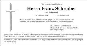 Traueranzeige Franz Schreiber