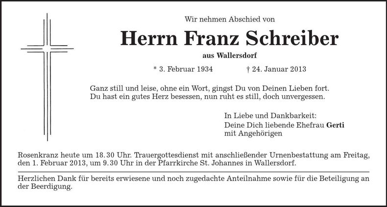 Traueranzeige Franz Schreiber