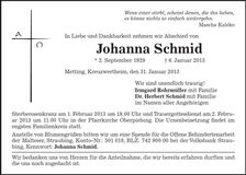 Traueranzeige Johanna Schmid