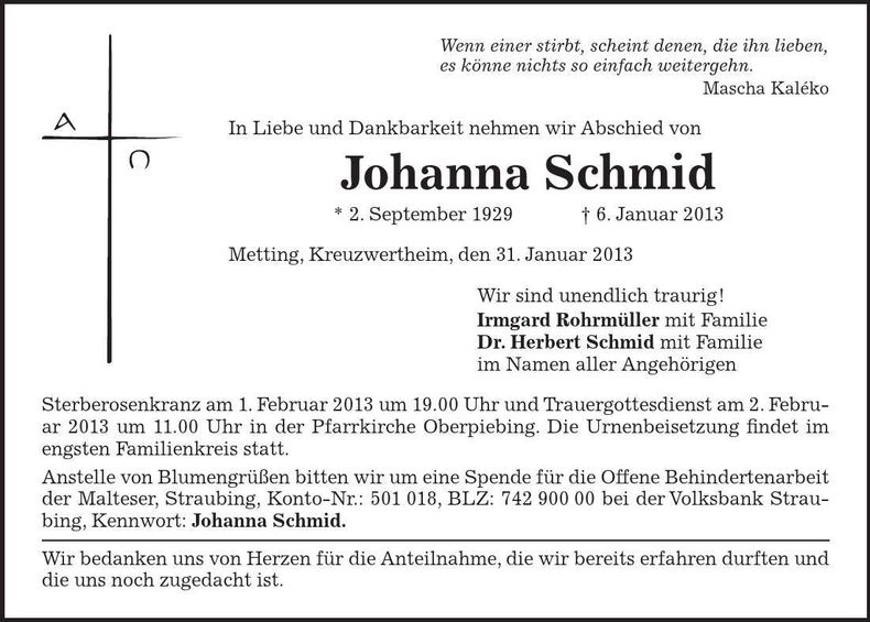 Traueranzeige Johanna Schmid