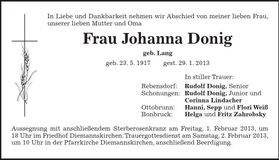 Traueranzeige Johanna Donig