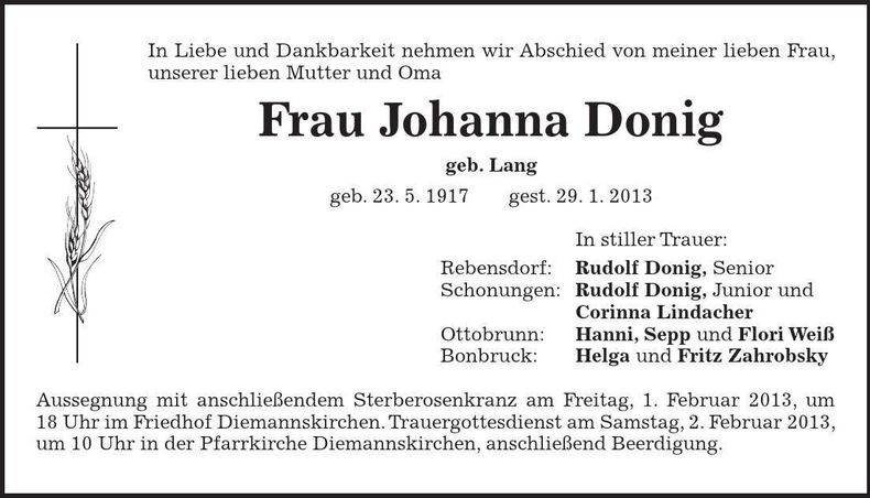 Traueranzeige Johanna Donig