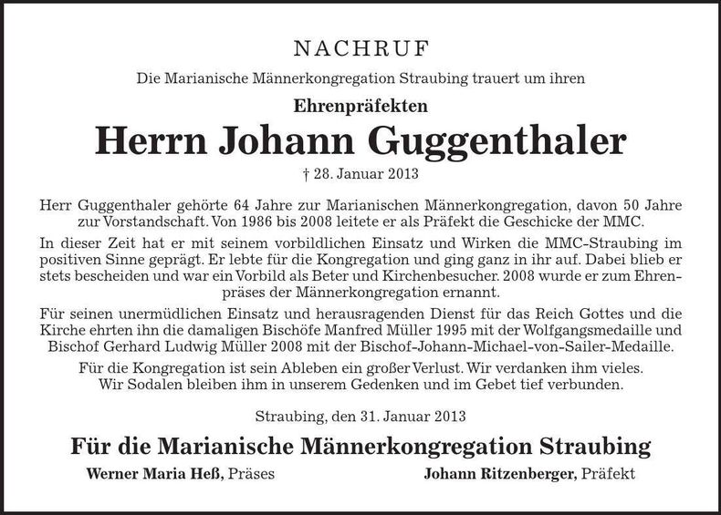 Traueranzeige Johann Guggenthaler