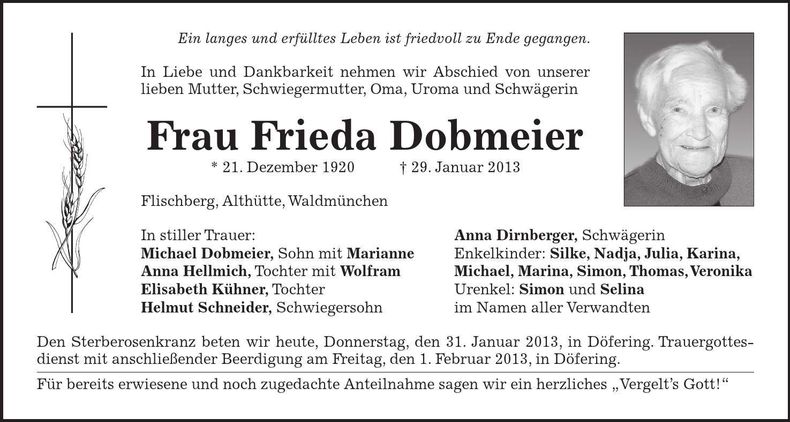 Traueranzeige Frieda Dobmeier