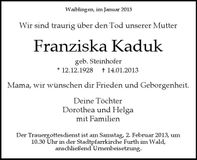 Traueranzeige Franziska Kaduk