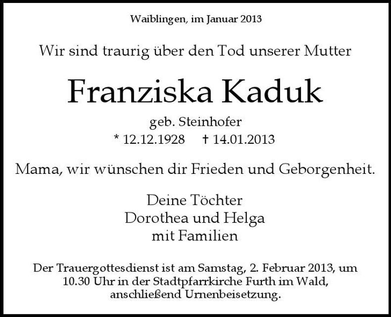 Traueranzeige Franziska Kaduk