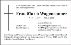 Traueranzeige Maria Wagensonner
