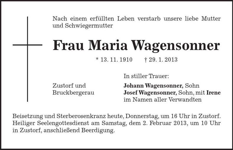 Traueranzeige Maria Wagensonner