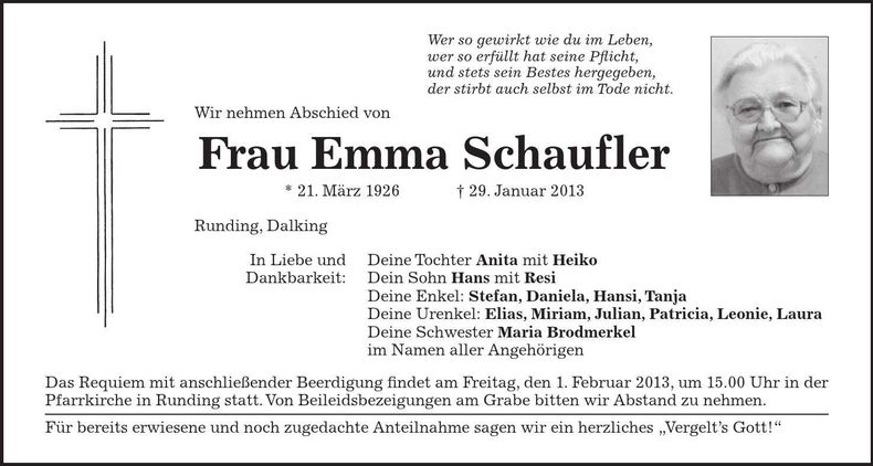 Traueranzeige Emma Schaufler