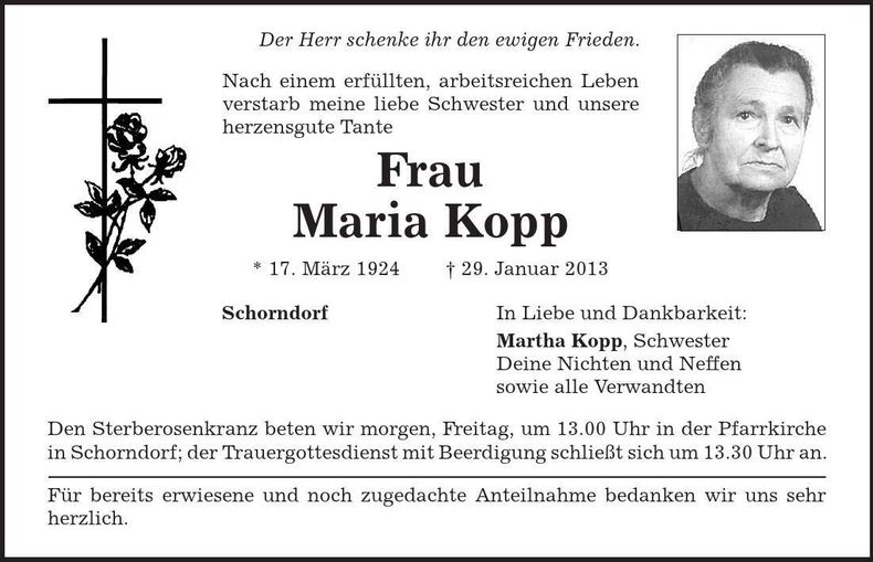 Traueranzeige Maria Kopp