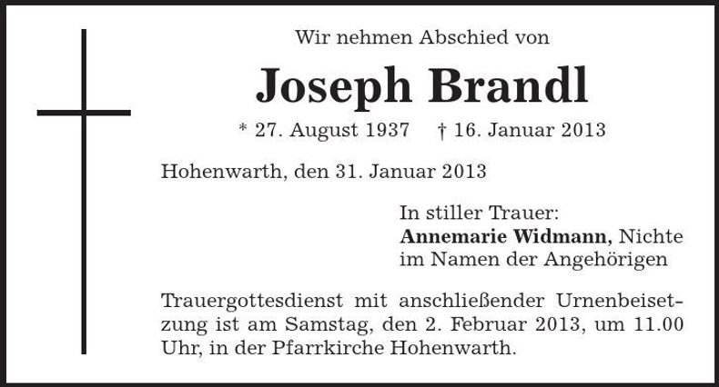 Traueranzeige Joseph Brandl