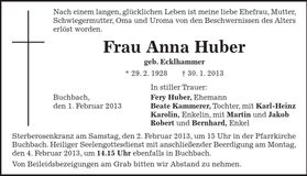 Traueranzeige Anna Huber
