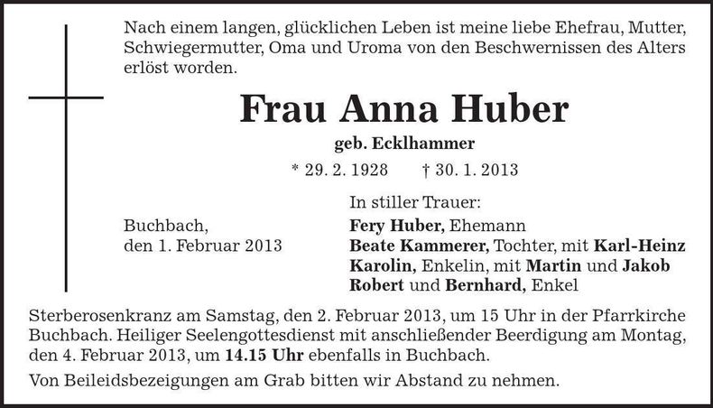 Traueranzeige Anna Huber