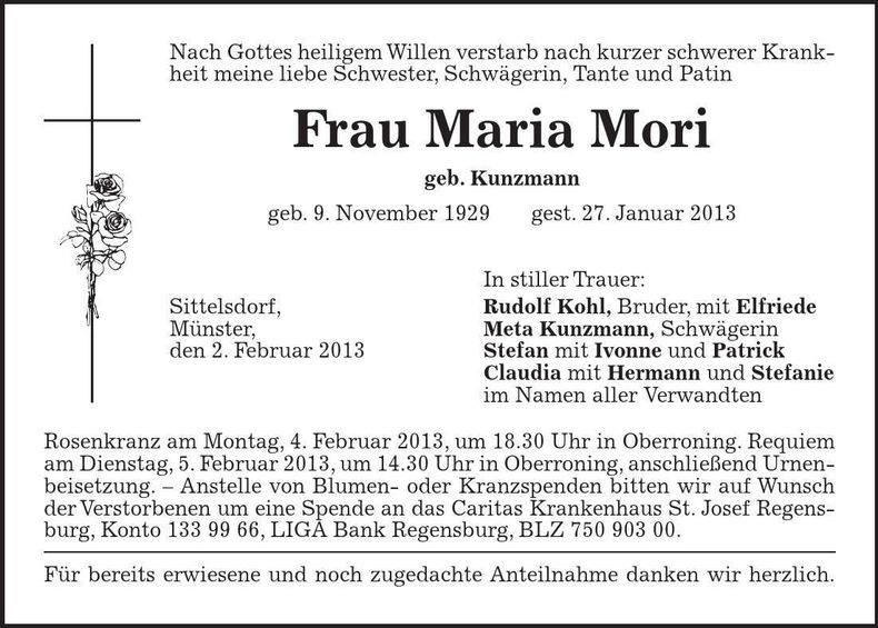 Traueranzeige Maria Mori