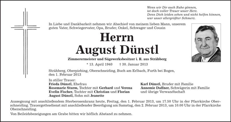Traueranzeige Frieda Dünstl