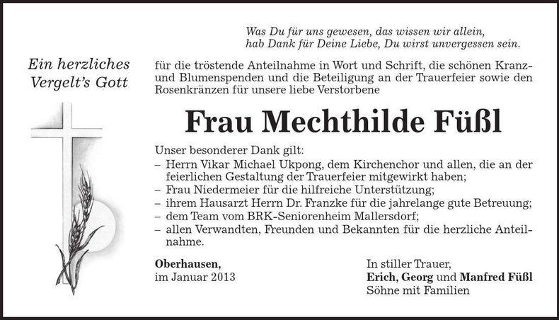 Traueranzeige Mechthilde Füßl