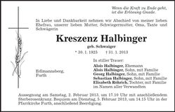 Traueranzeige Kreszenz Halbinger
