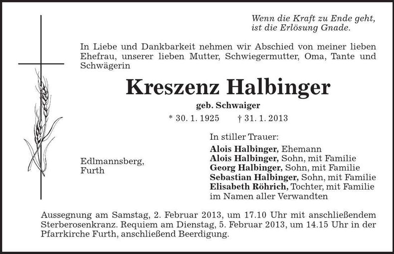 Traueranzeige Kreszenz Halbinger