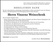Traueranzeige Vinzenz Weinschenk