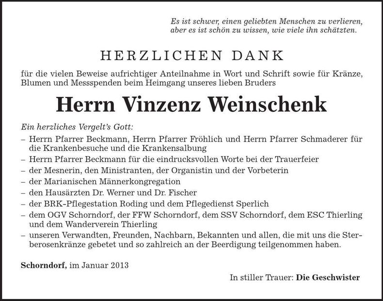 Traueranzeige Vinzenz Weinschenk