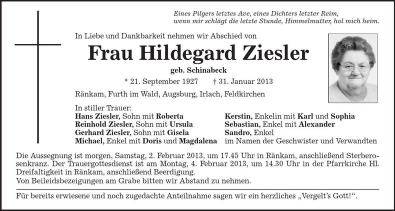 Traueranzeige Hildegard Ziesler