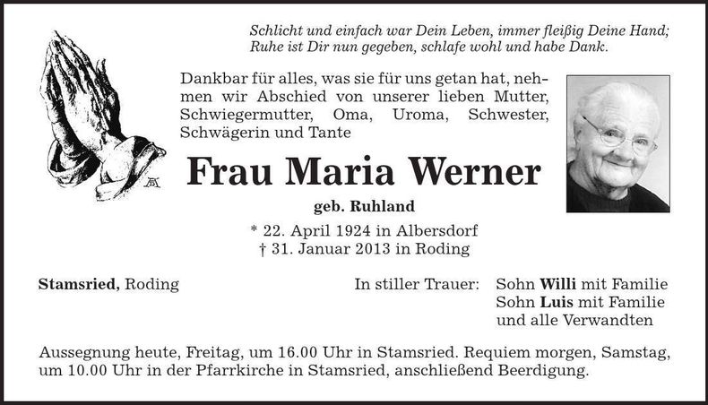 Traueranzeige Maria Werner
