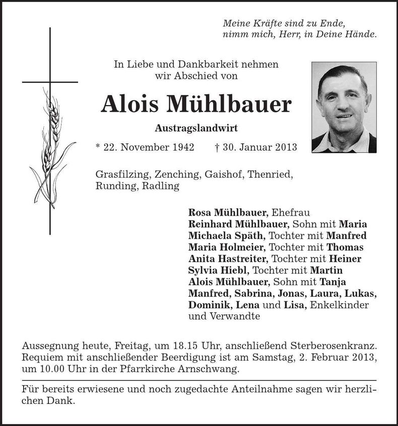 Traueranzeige Alois Mühlbauer
