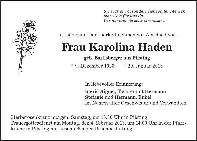 Traueranzeige Karolina Haden