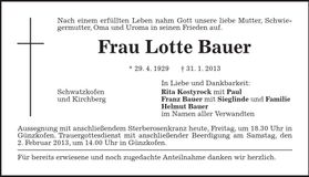 Traueranzeige Lotte Bauer