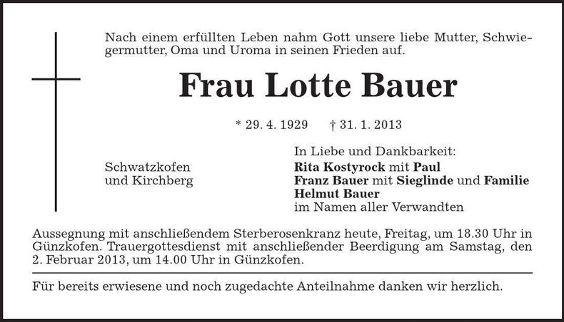 Traueranzeige Lotte Bauer