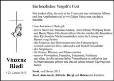 Traueranzeige Vinzenz Riedl